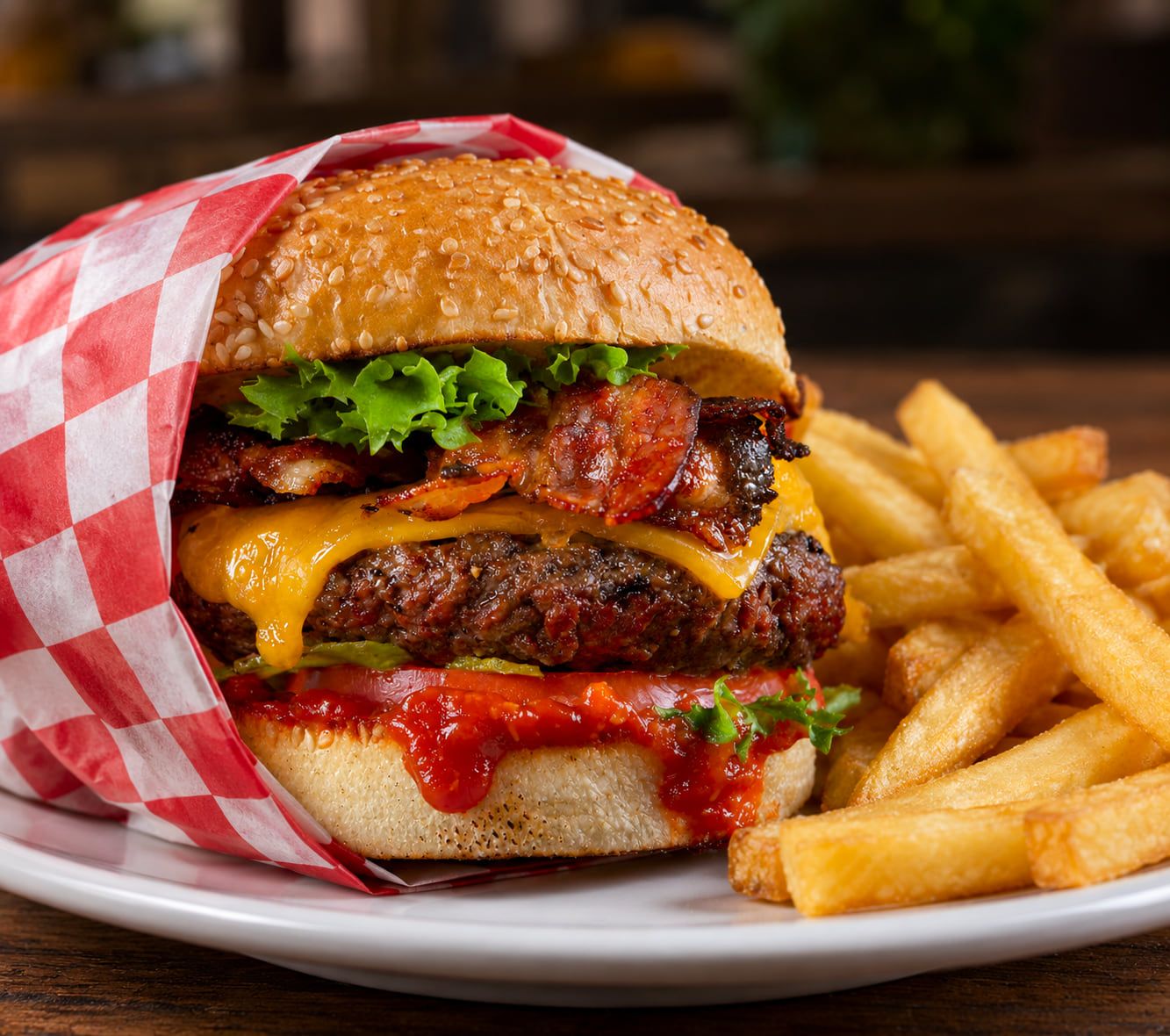 Hamburguesa con carne 100 % Angus y papa francesa del restaurante El Pedregal